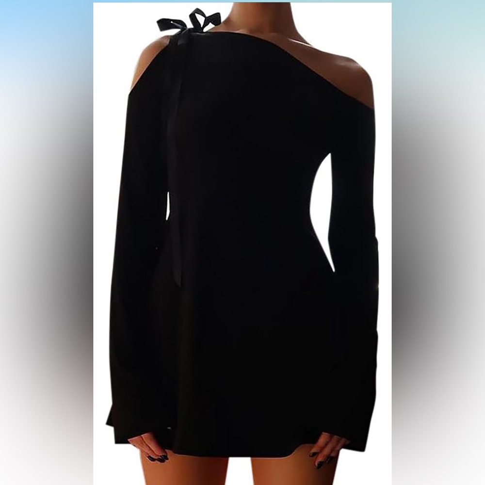Women's Shoulder Tie Long Sleeve Asymmetrical Dress Cocktail Mini Dresses